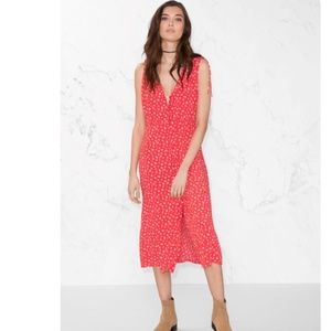 & Other Stories Red Ditsy Floral V Neck Button Front Midi Dress